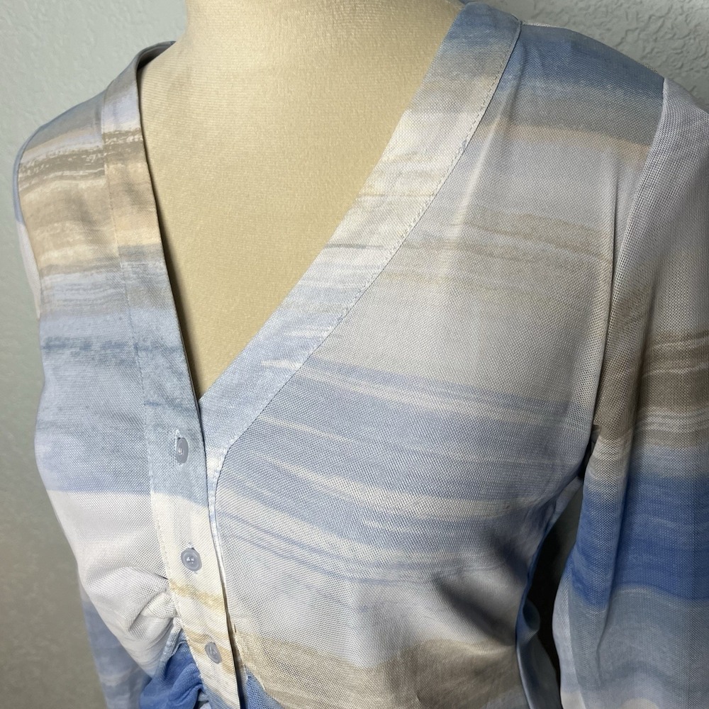 Halogen Women's Ombre Ruched Mesh Button Up Top, Blue/Tan S Y2K Retro - Picture 2 of 5